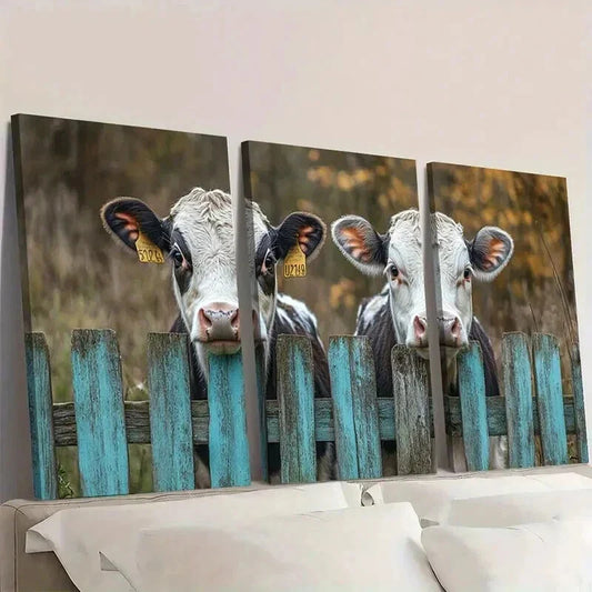 3pcs Rustic Cows Peeking Through Fence Wall Art Set Canvas Framed 40x60cm - High Quality Print 100% Australian Made Wall Canvas Ready to Hang