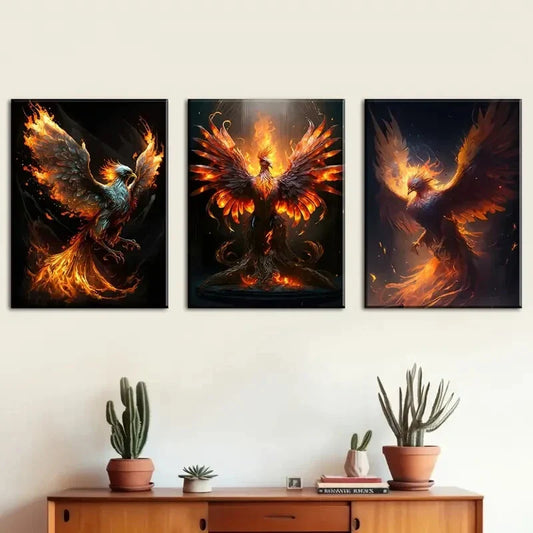 3pcs Featuring A Dreamy Fire Phoenix Artwork Metal Print Ready to Hang Art