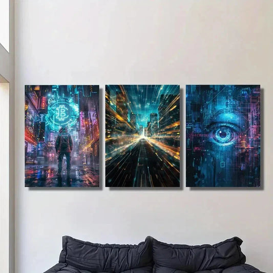 3pcs Depicting a Cyberpunk Futuristic Cityscape, Metal Print Ready to Hang Art