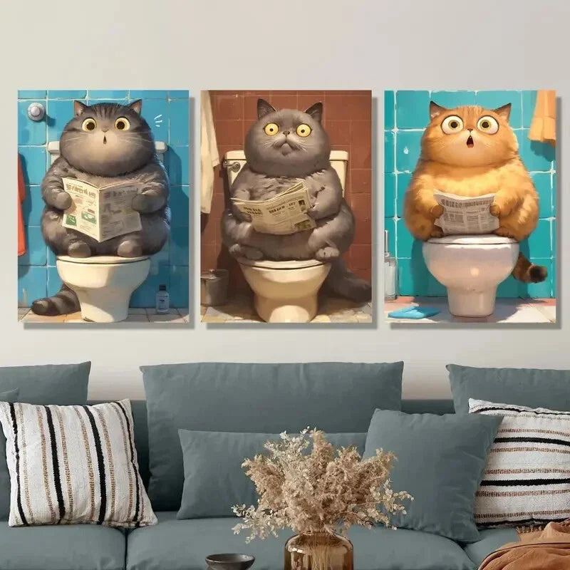 3pcs Whimsical Cat Animal Toilet Reading Metal Print Ready to Hang Art