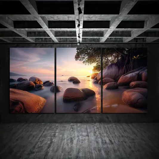 3pcs Peaceful Beauty Rocks and Mangroves Sunrise Metal Print Ready to Hang Art