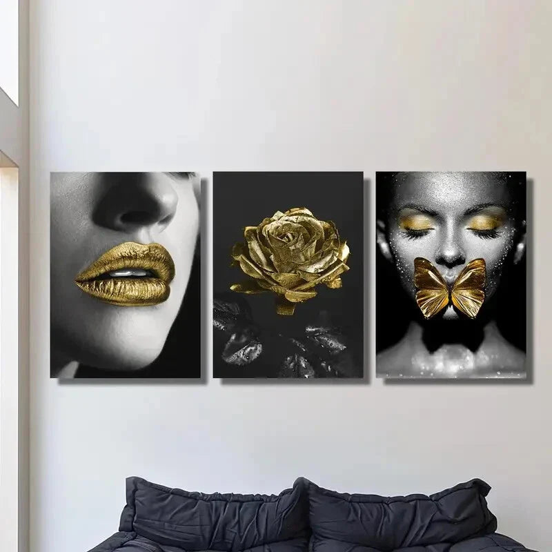 3pcs  woman with Golden lipstick girl with Gold Wall Art Set Canvas Framed 40x60cm - High Quality Print 100% Australian Made Wall Canvas Ready to Hang