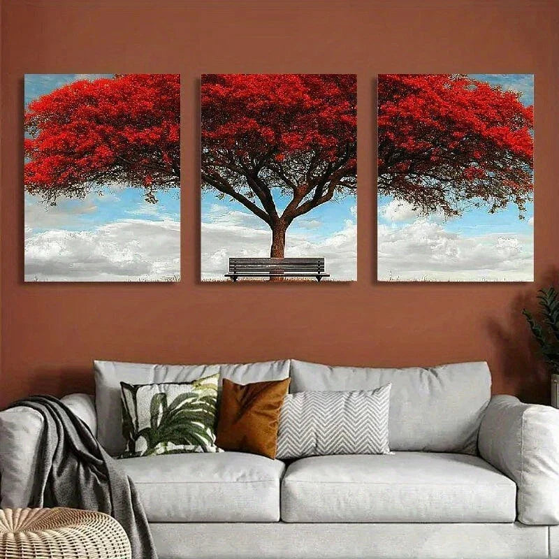 3pcs Classic Pine Red Modern Tree Metal Print Ready to Hang Art