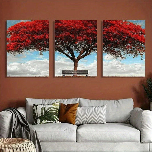 3pcs Classic Pine Red Modern Tree Metal Print Ready to Hang Art