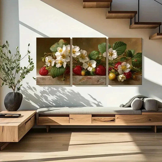 3pcs - Vibrant Strawberry Blossoms & White Flowers Metal Print Ready to Hang Art