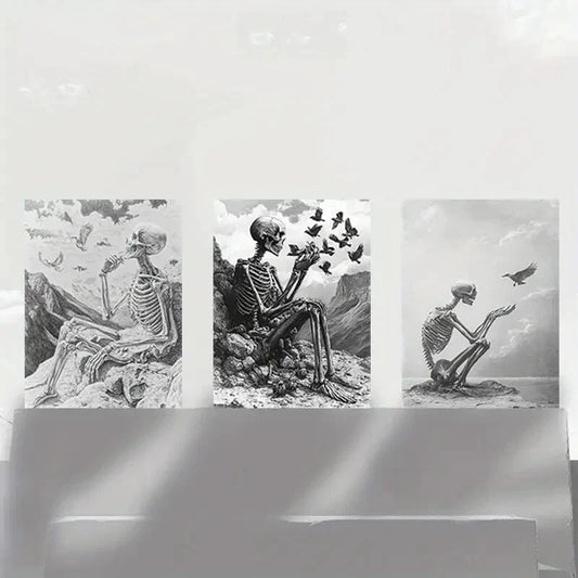 3pcs Skeleton Black and White Birds Metal Print Ready to Hang Art