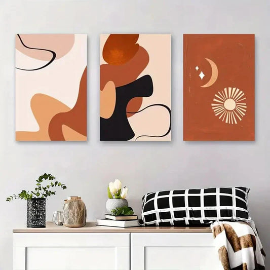 3pcs Modern Organic Shapes with Earth Tones, Sun Metal Print Ready to Hang Art