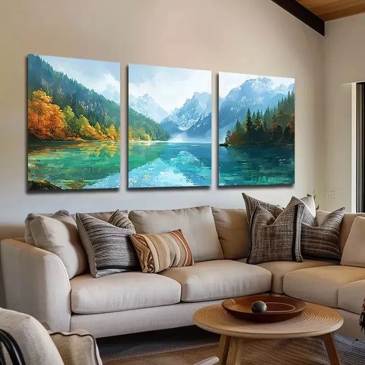 3pcs Featuring Green Lakes And Mountains  Wall Art Set Canvas Framed 40x60cm - High Quality Print 100% Australian Made Wall Canvas Ready to Hang