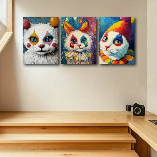 3pcs Vibrant Clown Cat Design Metal Print Ready to Hang Art
