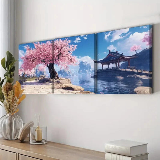 3pcs Cherry Blossom River Colorful Nature Wall Art Set Canvas Framed 40x60cm - High Quality Print 100% Australian Made Wall Canvas Ready to Hang