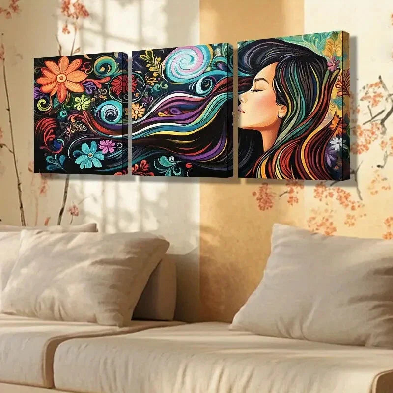 3pcs Vibrant Long-Haired Woman & Swirl Design Metal Print Ready to Hang Art