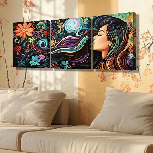 3pcs Vibrant Long-Haired Woman & Swirl Design Metal Print Ready to Hang Art