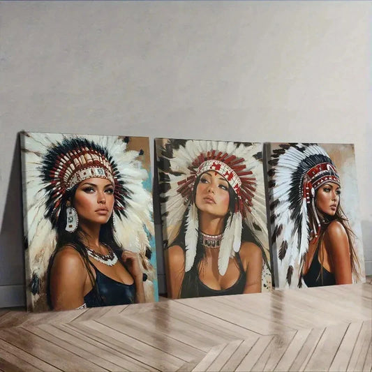 3pcs Indian girls wear feathered headdresses  Wall Art Set Canvas Framed 40x60cm - High Quality Print 100% Australian Made Wall Canvas Ready to Hang