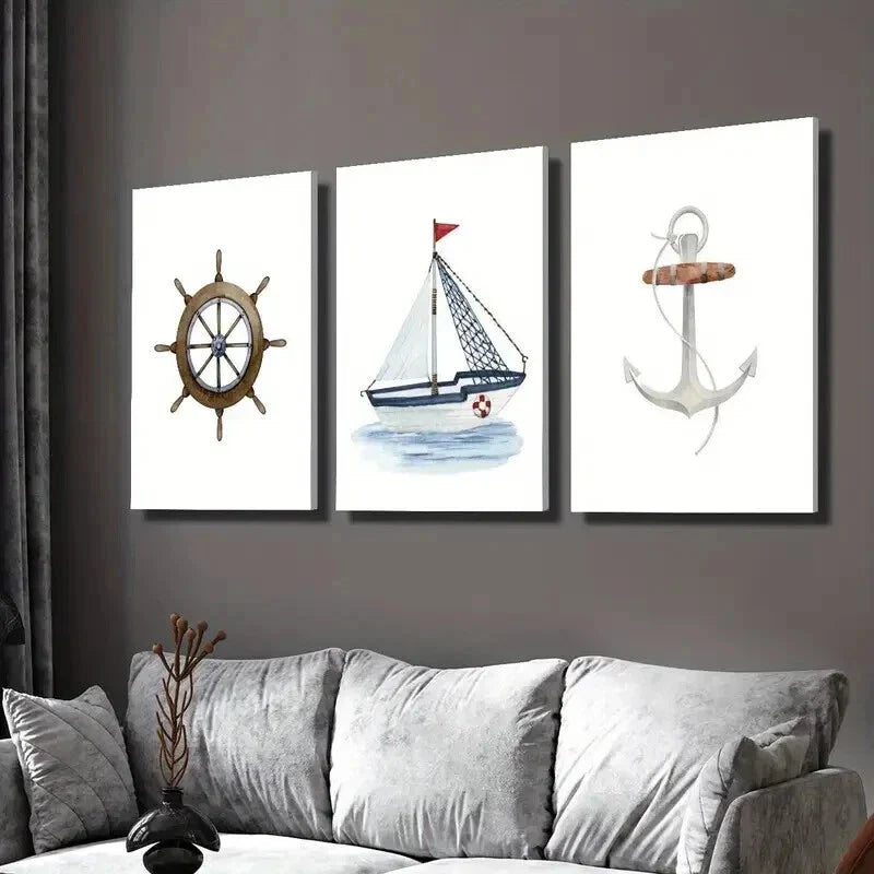 3pcs Painting of Rudder Sailboat and Anchor Wall Art Set Canvas Framed 40x60cm - High Quality Print 100% Australian Made Wall Canvas Ready to Hang