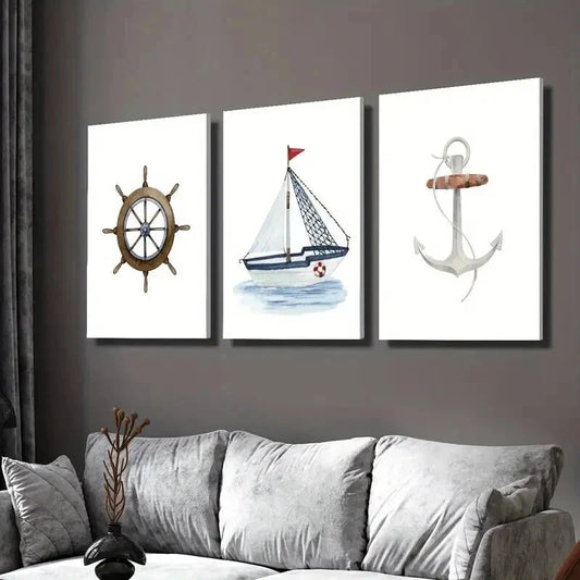 3pcs Painting of Rudder Sailboat and Anchor Wall Art Set Canvas Framed 40x60cm - High Quality Print 100% Australian Made Wall Canvas Ready to Hang