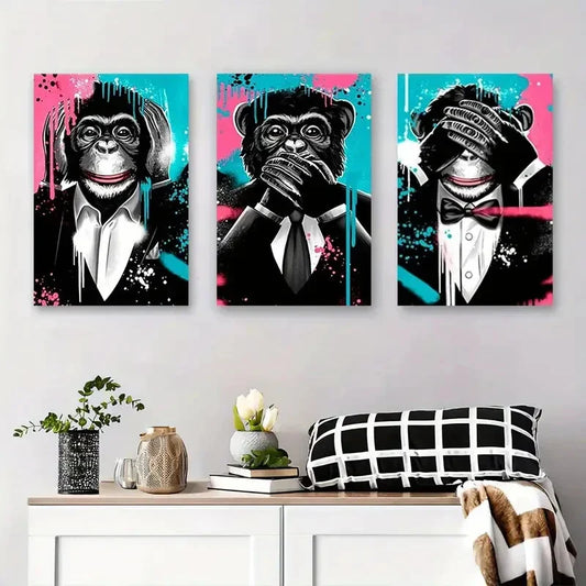 3pcs Tuxedo Chimps with Graffiti Splashes Metal Print Ready to Hang Art