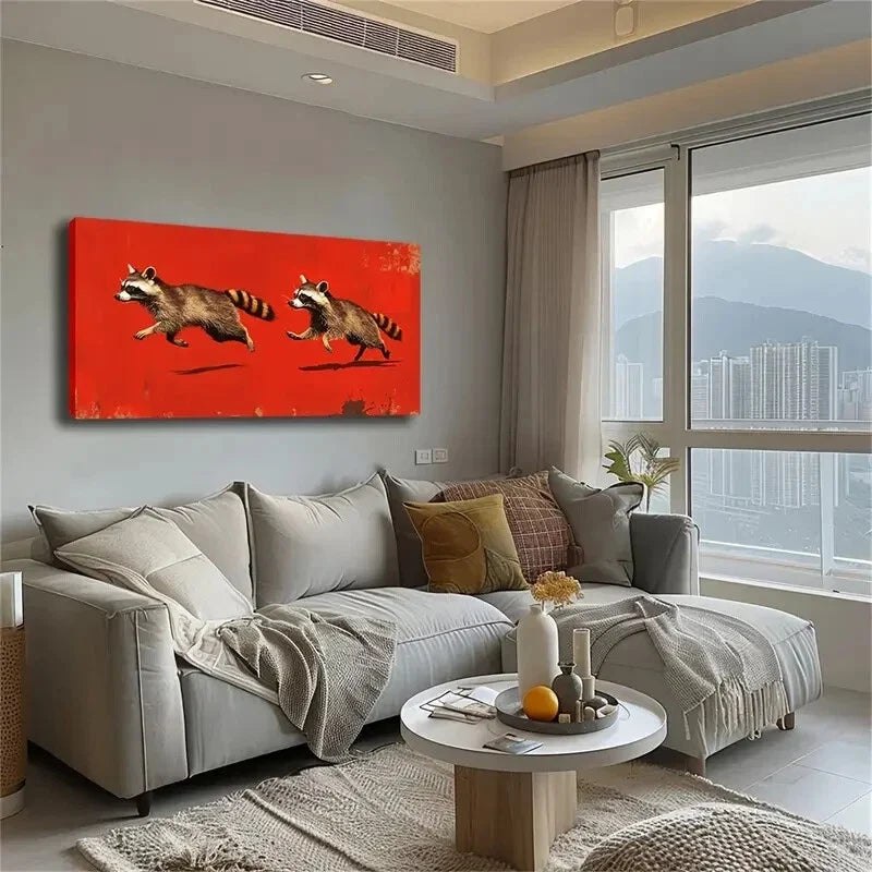 Two Playful Raccoons Vibrant Wall Art Canvas Office Home Room Framed 120x60cm