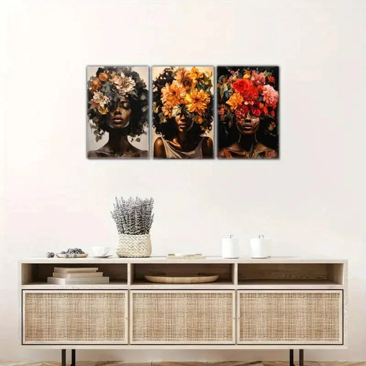 3pcs Beautiful Girl with Flowers on Her Head Metal Print Ready to Hang Art