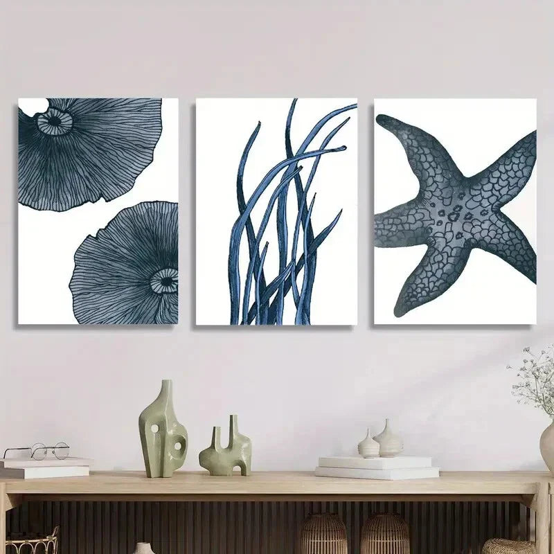 3pcs painting of marine life, watercolor art, Metal Print Ready to Hang Art