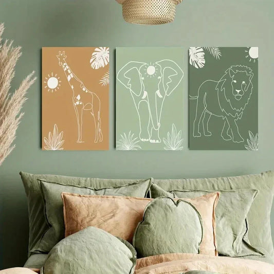 3pcs Bohemian African Giraffes, Lions & Elephants Metal Print Ready to Hang Art