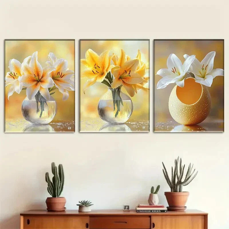 3pcs Yellow And White Lily Prints in Glass Vase Metal Print Ready to Hang Art
