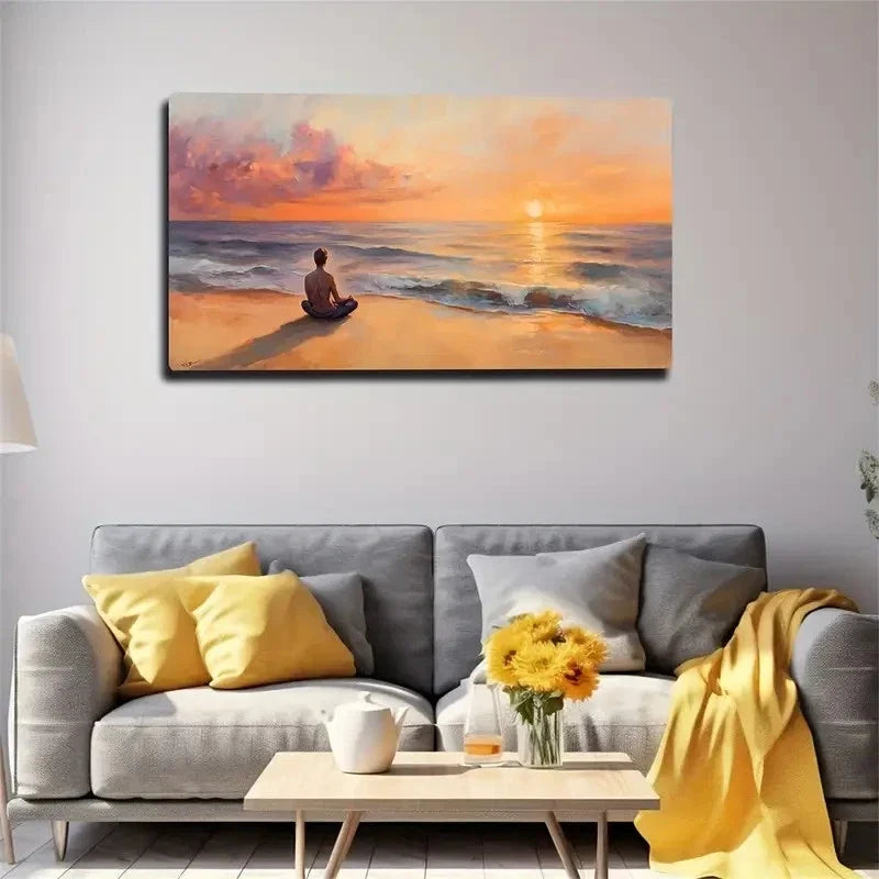 Serene Beach Meditation Scene Wall Art Canvas Office Home Room Framed 120x60cm