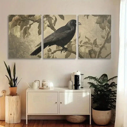 3pcs Black Crow & Apple Tree Metal Print Ready to Hang Art