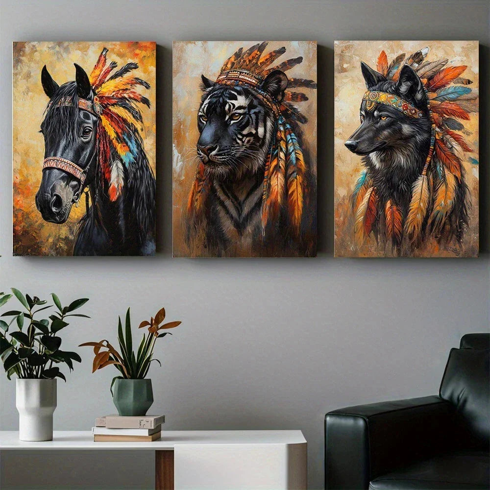 3pcs Fashionable Animal And Indian Headwear Metal Print Ready to Hang Art