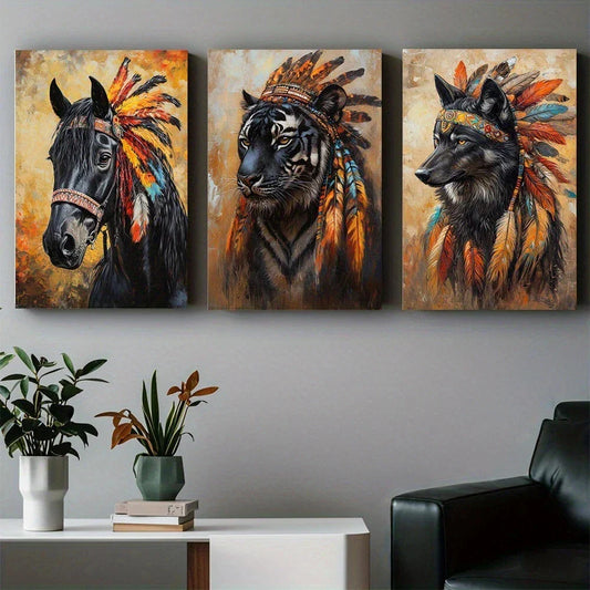 3pcs Fashionable Animal And Indian Headwear Metal Print Ready to Hang Art