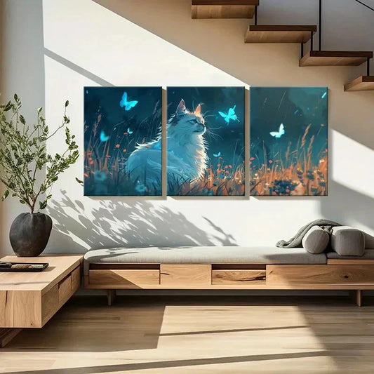 3pcs Serene Cat & Butterfly Design Metal Print Ready to Hang Art