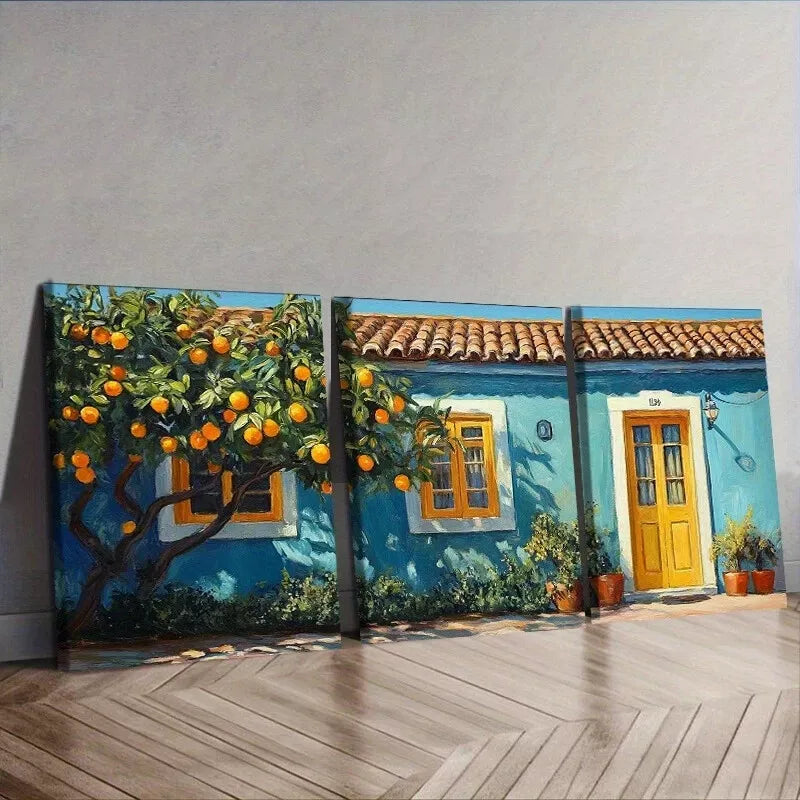 3pcs Orange Tree In Front Of A Blue House   Wall Art Set Canvas Framed 40x60cm - High Quality Print 100% Australian Made Wall Canvas Ready to Hang