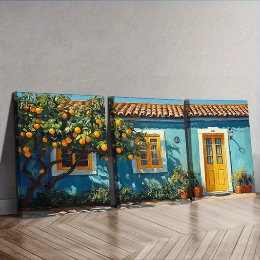 3pcs Orange Tree In Front Of A Blue House   Wall Art Set Canvas Framed 40x60cm - High Quality Print 100% Australian Made Wall Canvas Ready to Hang