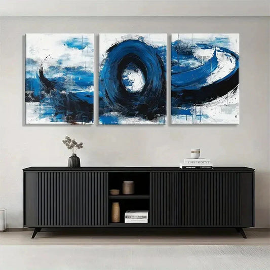 3pcs Abstract Blue and Black Swirl Perfect Wall Art Set Canvas Framed 40x60cm - High Quality Print 100% Australian Made Wall Canvas Ready to Hang