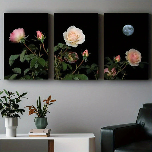 3pcs Moonlight Elegant Pink Rose Night Sky Metal Print Ready to Hang Art