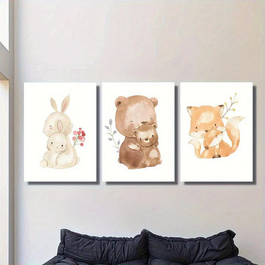 3pcs Charming Animal Bunny and Bear Metal Print Ready to Hang Art