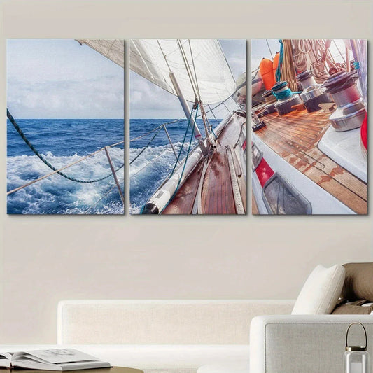 3pcs Sail Boat Navigating on Waves Metal Print Ready to Hang Art