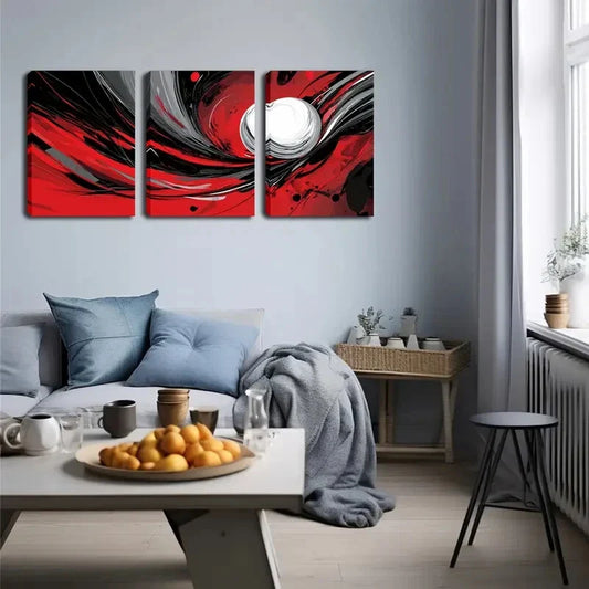 3pcs Red And Black Color Rotating Abstract Metal Print Ready to Hang Art