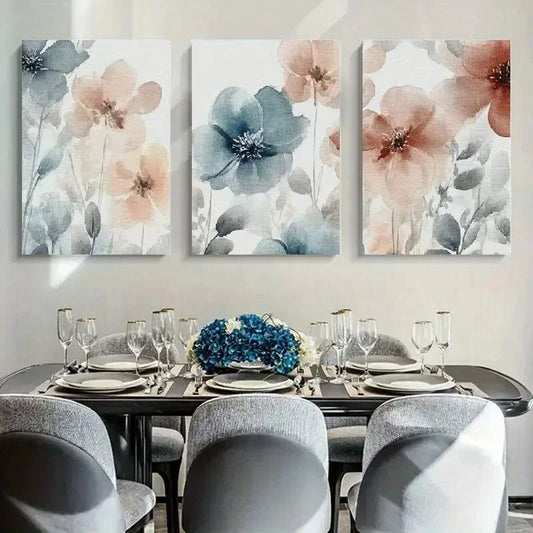 3pcs Elegant Watercolor Flowers In Pink BlueMetal Print Ready to Hang Art