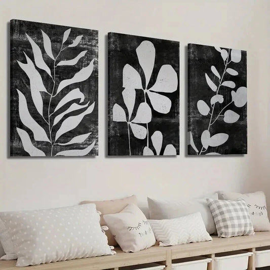 3pcs Black and White Abstract Leaf Botanical Wall Art Set Canvas Framed 40x60cm - High Quality Print 100% Australian Made Wall Canvas Ready to Hang
