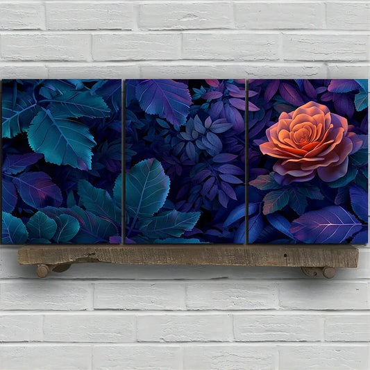 3pcs Purple Floral and Pink Rose Metal Print Ready to Hang Art
