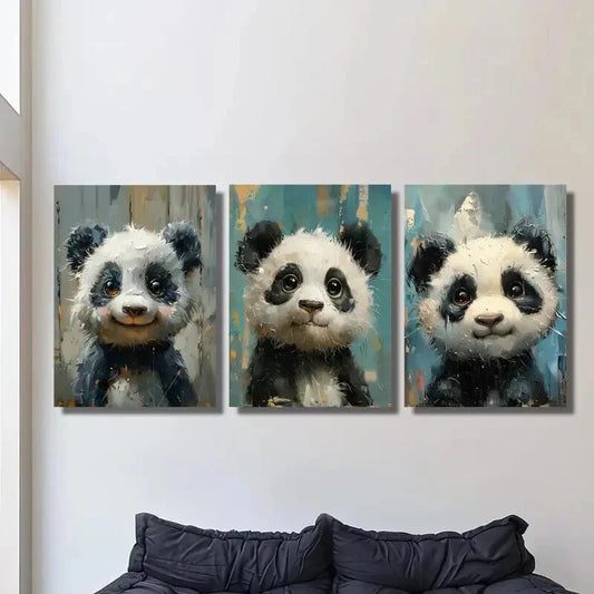 3pcs Cute panda imitation wood board Metal Print Ready to Hang Art