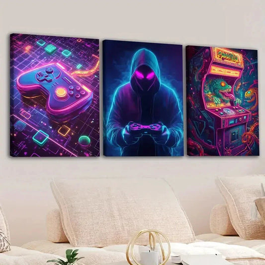 3pcs Fashion Sports Games Neon Style Mouse Game Wall Art Set Canvas Framed 40x60cm - High Quality Print 100% Australian Made Wall Canvas Ready to Hang