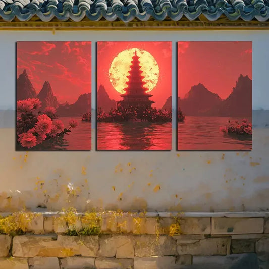 3pcs Pagoda and Moon Canvas Framed 40x60cm - High Quality Print 100% Australian Made Wall Canvas Ready to Hang