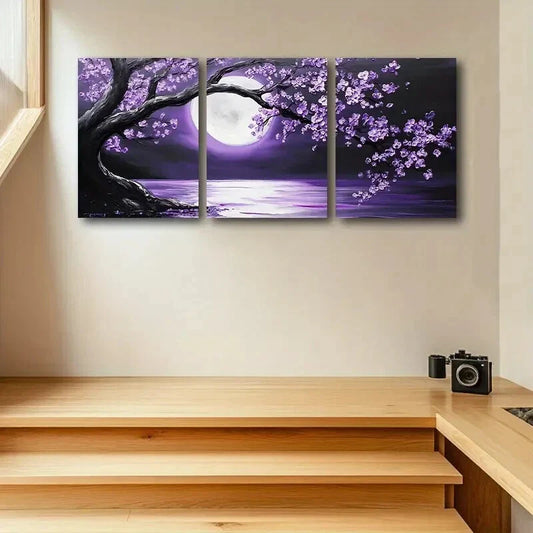 3pcs Purple Cherry Blossom Moonlit Night Metal Print Ready to Hang Art