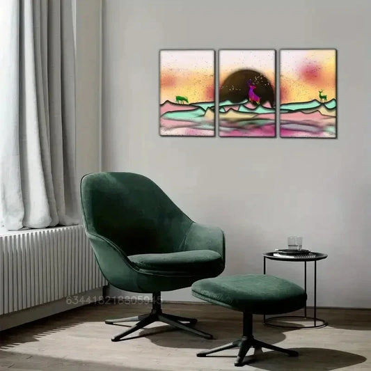 3pcs Sika deer, mountains, landscape Metal Print Ready to Hang Art