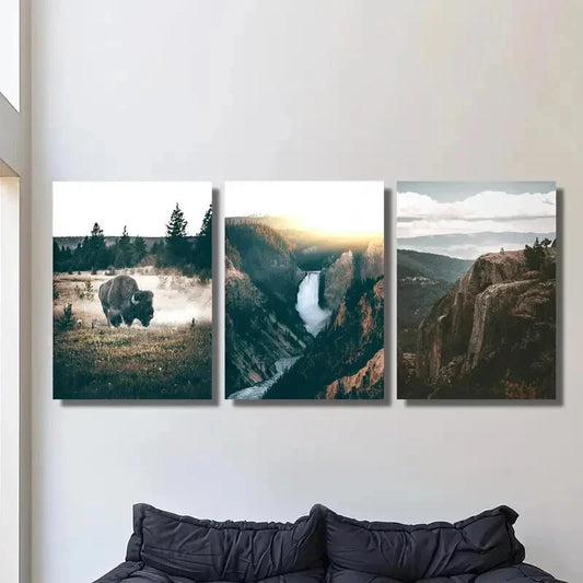 3pcs Bison & Scenic Waterfalls, Yosemite Grand Metal Print Ready to Hang Art