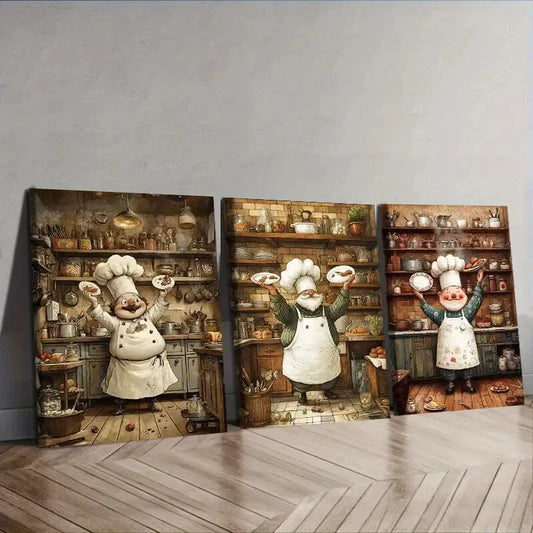 3pcs The whimsical chef Wall Art Set Canvas Framed 40x60cm - High Quality Print 100% Australian Made Wall Canvas Ready to Hang