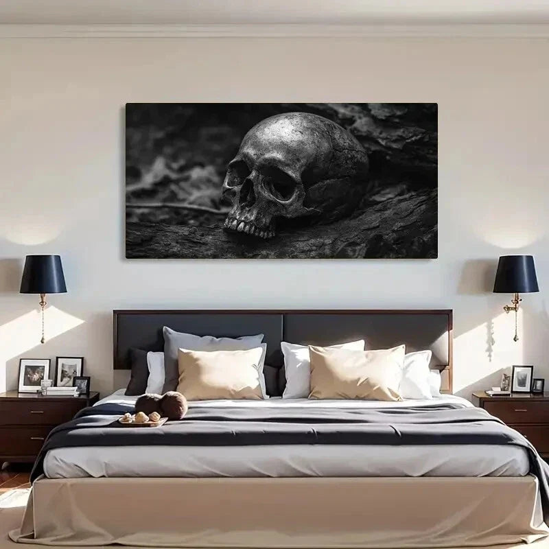 Ancient Skull Historical Dark Wall Art Canvas Office Home Room Framed 80x45cm