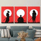 3pcs Red Samurai Silhouette with Sword, Metal Print Ready to Hang Art