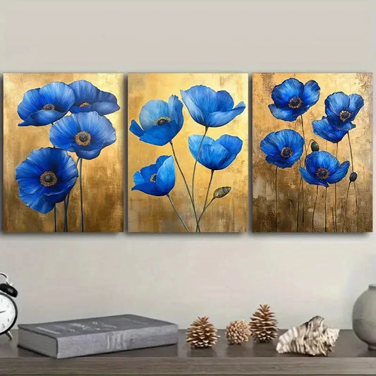 3pcs The blue poppy in Golden leaf Metal Print Ready to Hang Art